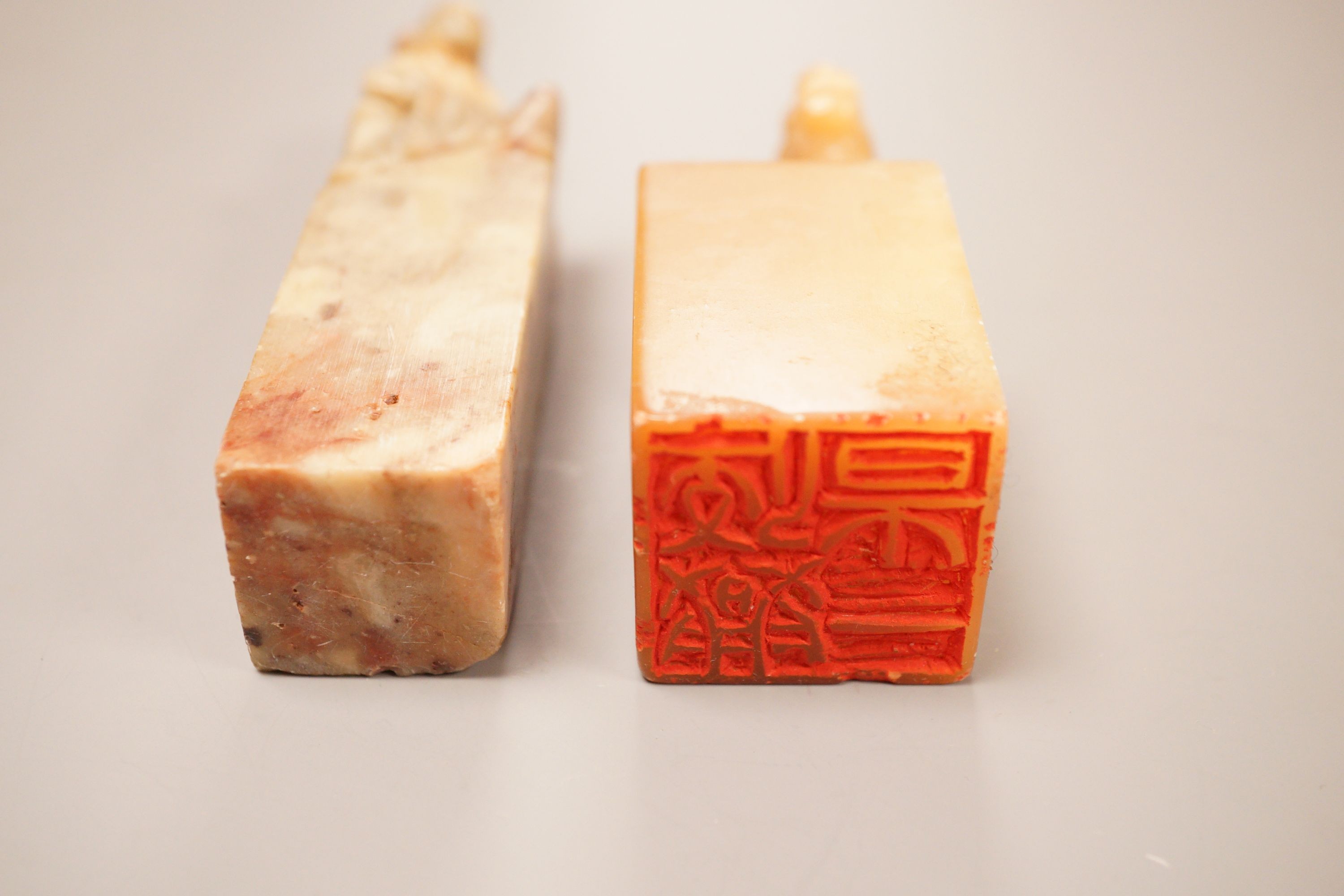 Two Chinese soapstone seals, tallest 10cm